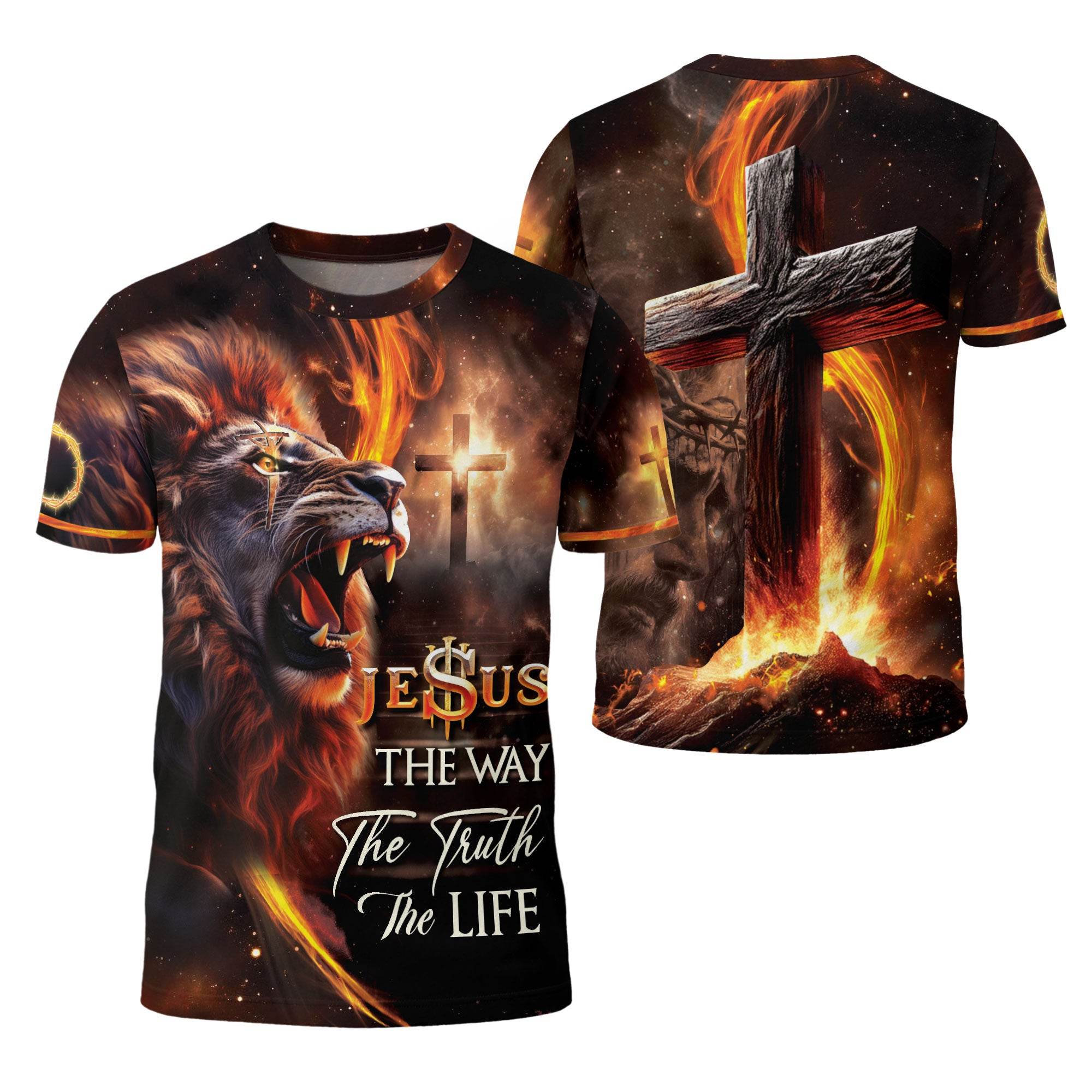 Jesus The Way The Truth The Life Cross & Lion Fire T-Shirt