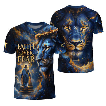 Faith Over Fear Blue Lion & Jesus Ascending Stairs Christian T-Shirt