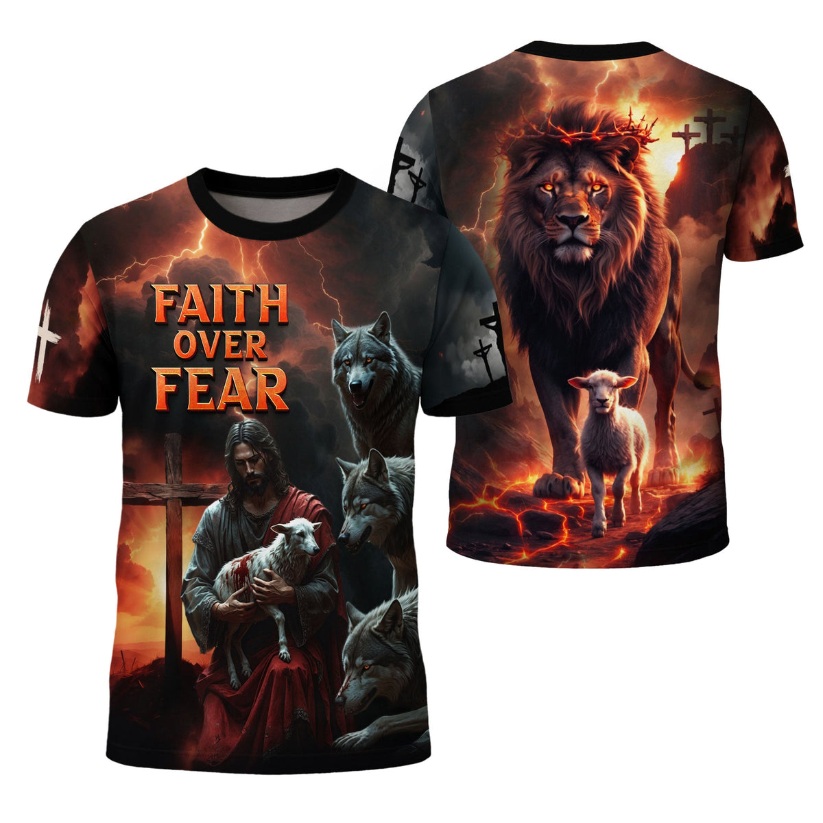 Faith Over Fear Jesus Protecting the Lamb Among Wolves Christian T-Shirt