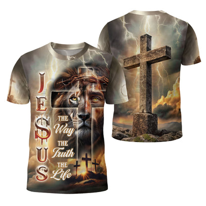 Jesus The Way The Truth The Life Lion & Cross Lightning Christian T-Shirt
