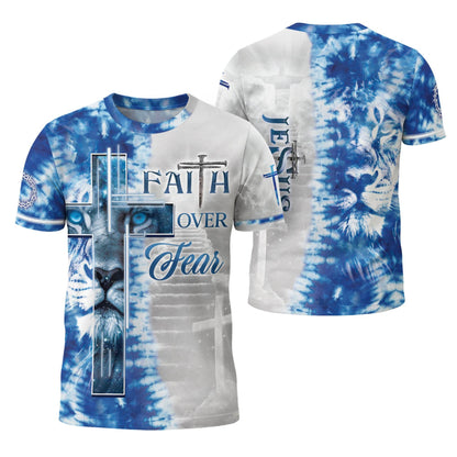 Faith Over Fear Blue Lion Cross Christian T-Shirt