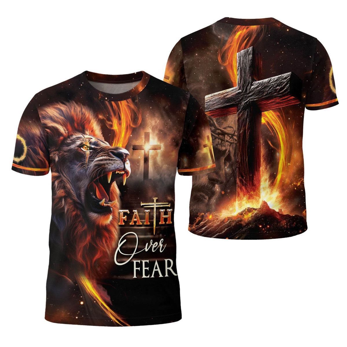Faith Over Fear Fiery Lion & Cross Christian T-Shirt