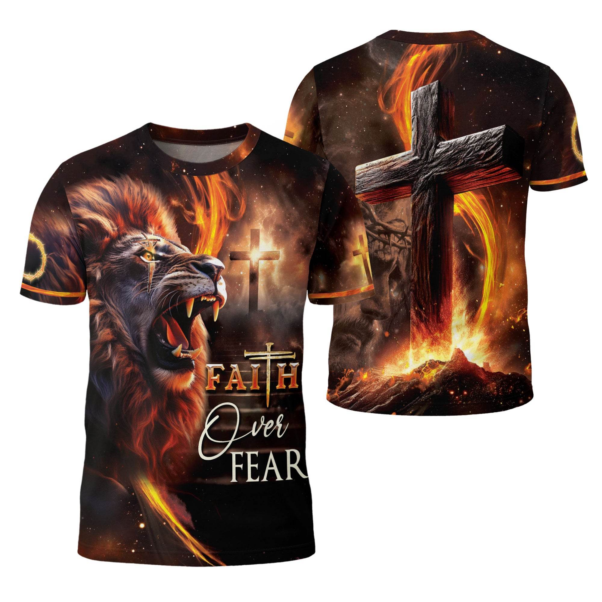 Faith Over Fear Fiery Lion & Cross Christian T-Shirt