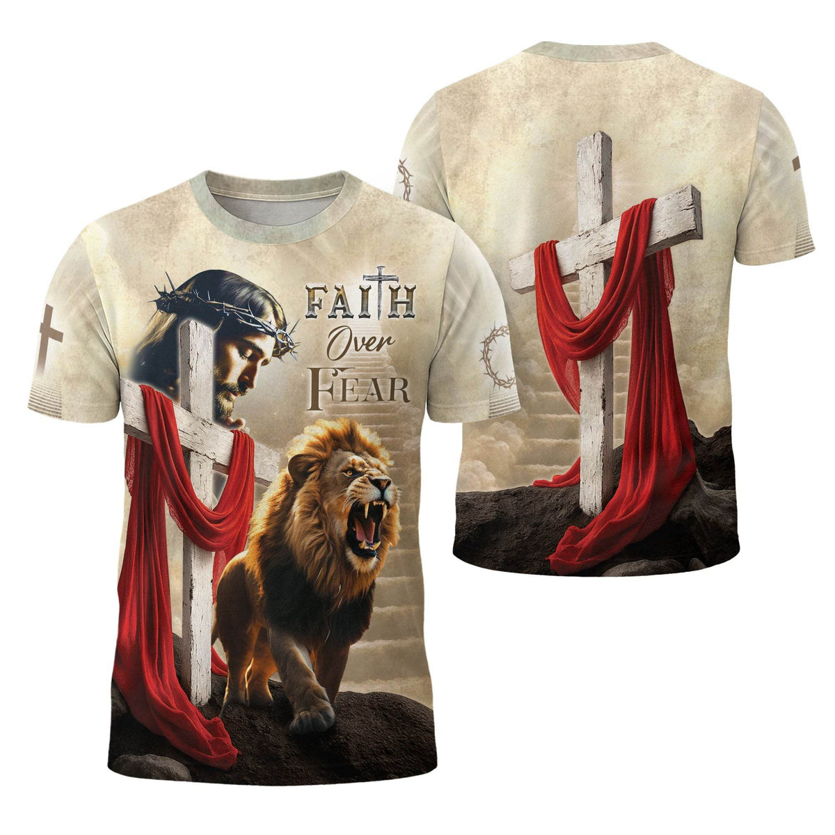 Faith Over Fear Jesus & Lion with Red Drape Christian T-Shirt