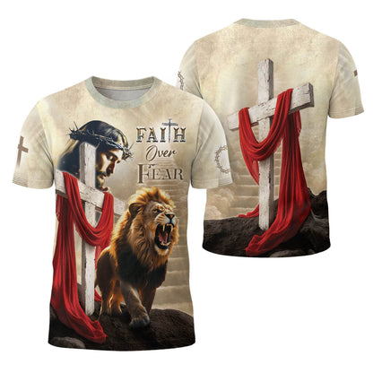 Faith Over Fear Jesus & Lion with Red Drape Christian T-Shirt