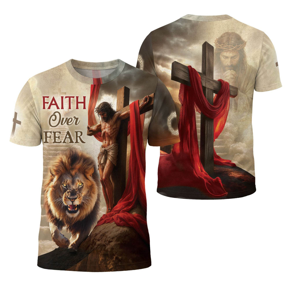 Faith Over Fear Jesus Lion & Cross Christian T-Shirt