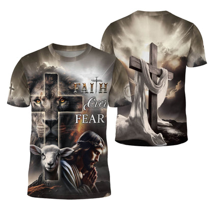 Faith Over Fear Lion Cross & Lamb Christian T-Shirt
