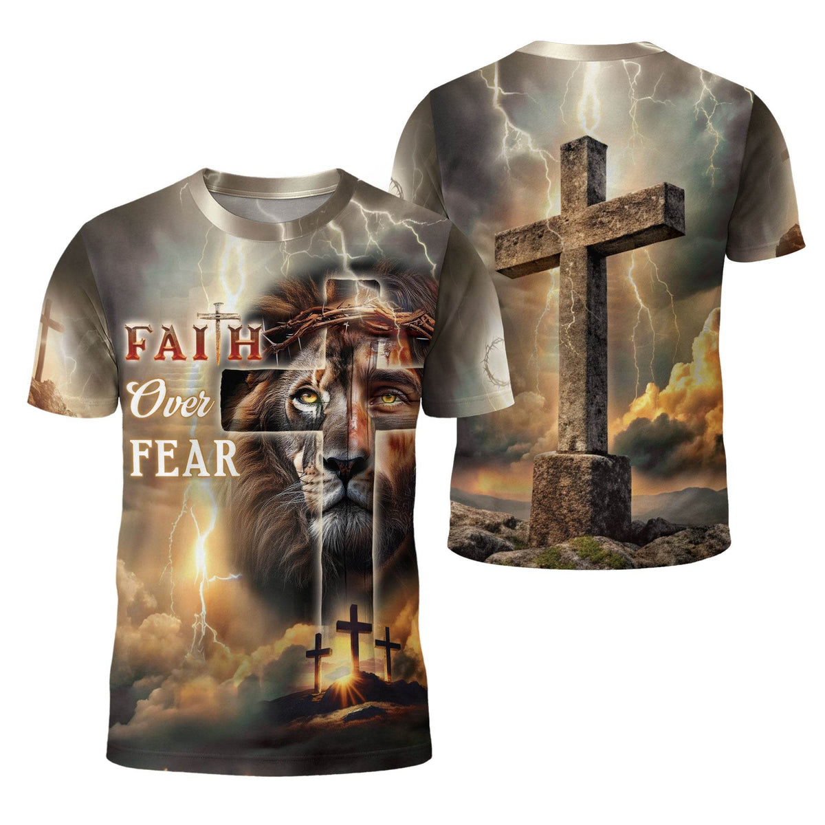 Faith Over Fear Lion & Cross Lightning Christian T-Shirt