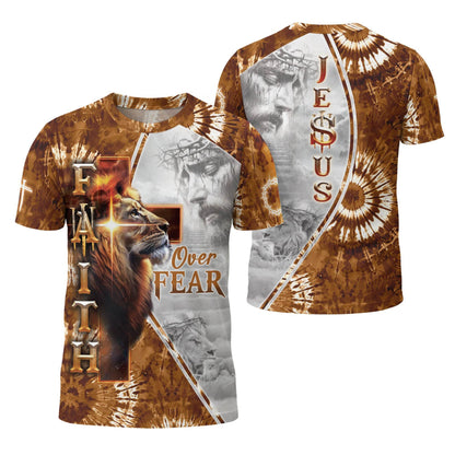 Faith Over Fear Lion & Jesus Cross Christian T-Shirt
