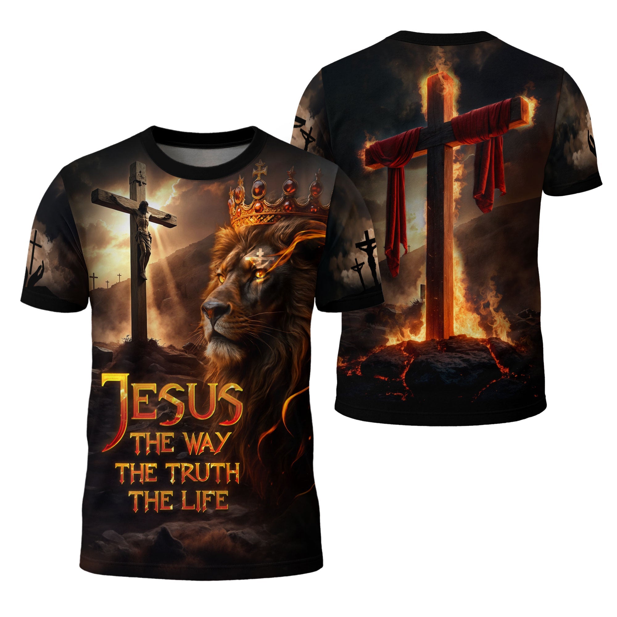 Jesus The Way The Truth The Life Lion of Judah Fire Cross Christian T-Shirt