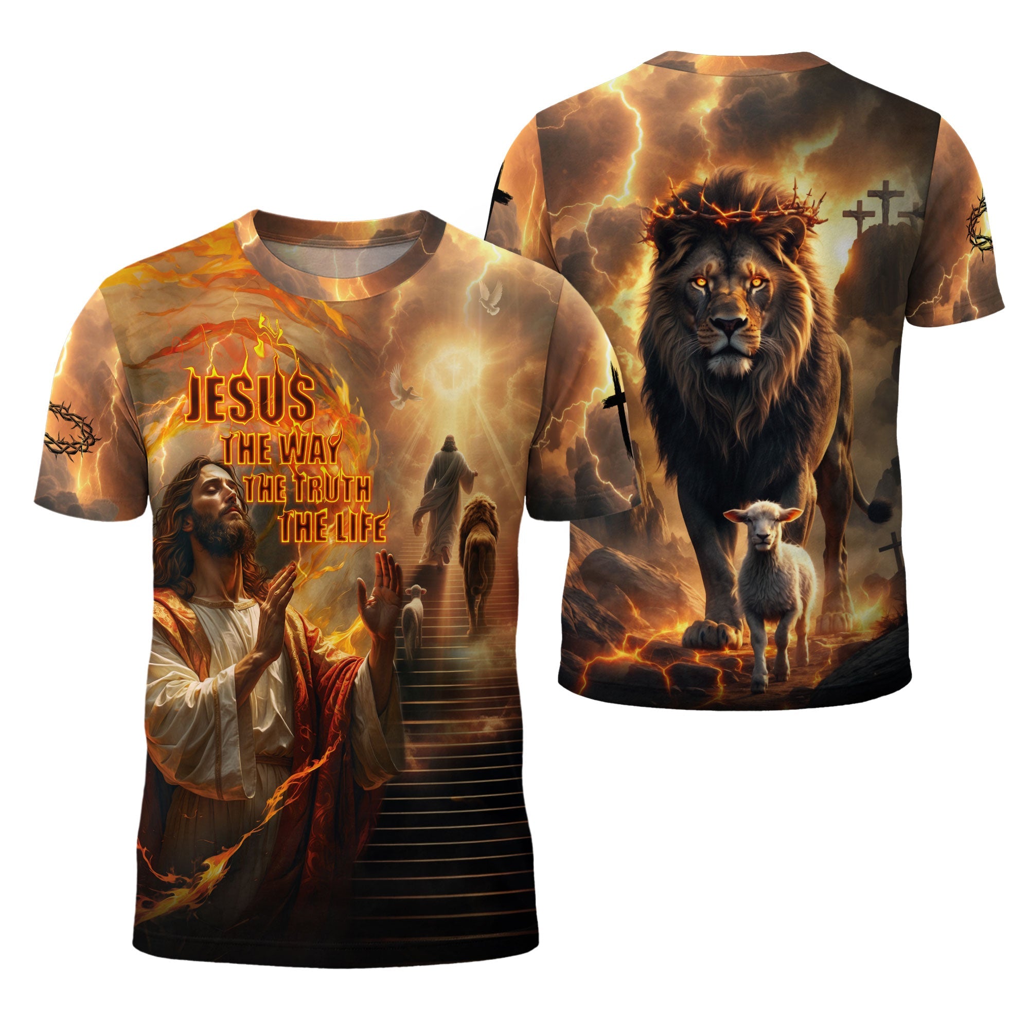 Jesus The Way The Truth The Life Lion and Lamb Fire Christian T-Shirt