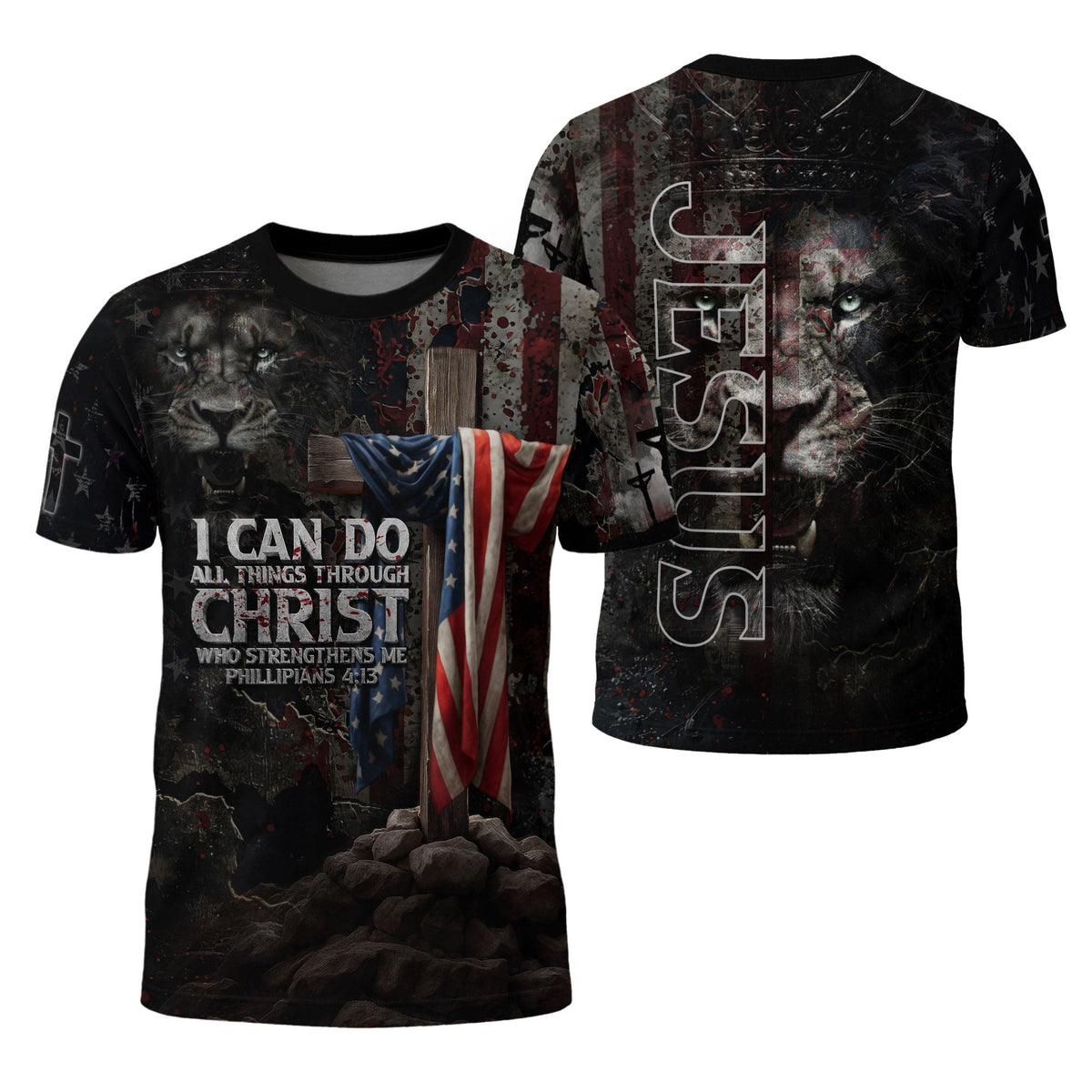 I Can Do All Things Through Christ American Flag Cross Jesus Lion Christian T-shirt