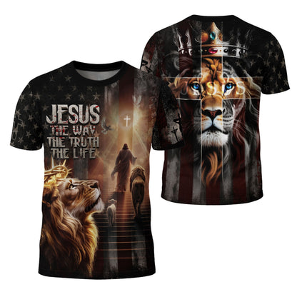 Jesus The Way The Truth The Life Lion of Judah American Flag Christian T-Shirt