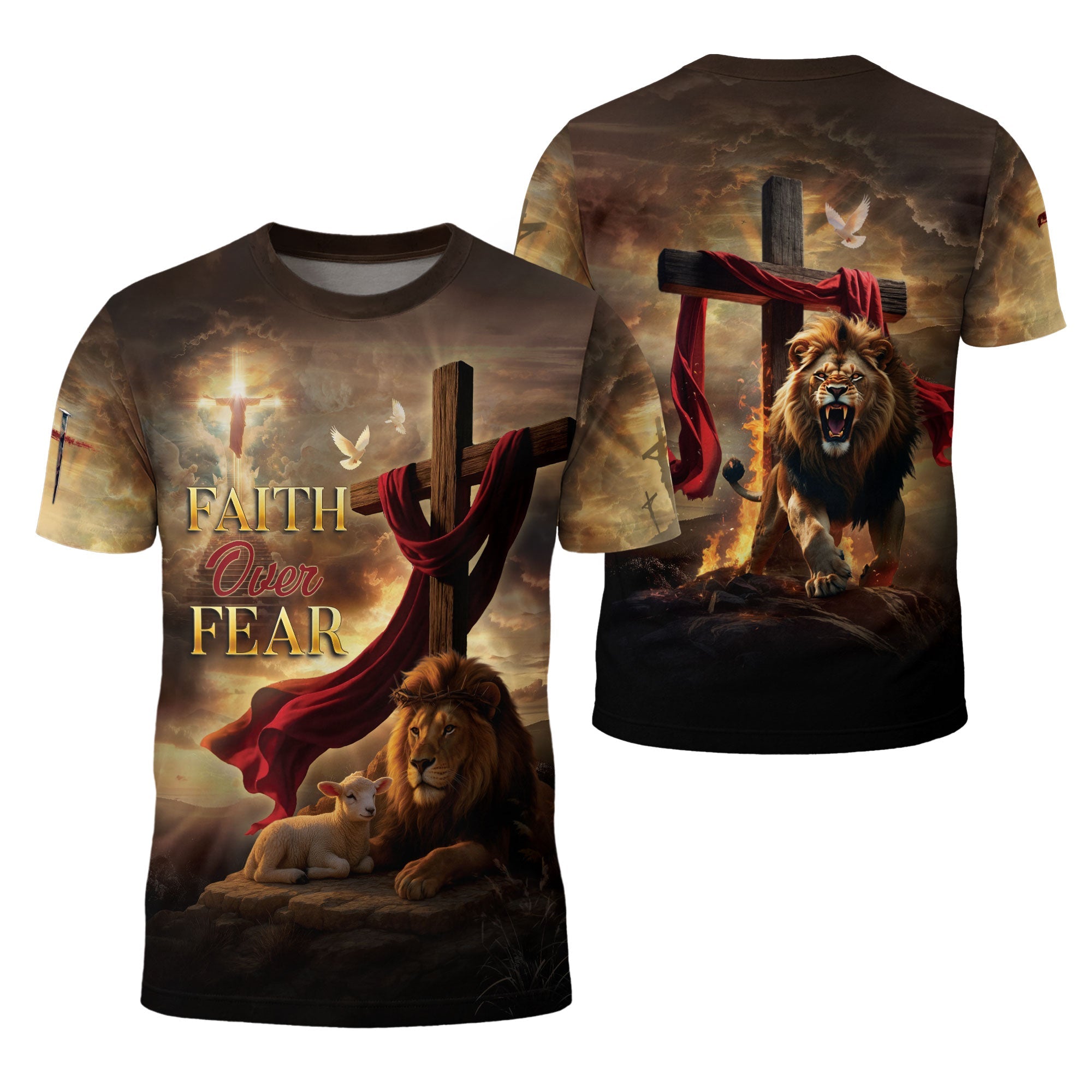 Faith Over Fear Christian T-Shirt Lion Cross Sunset Design