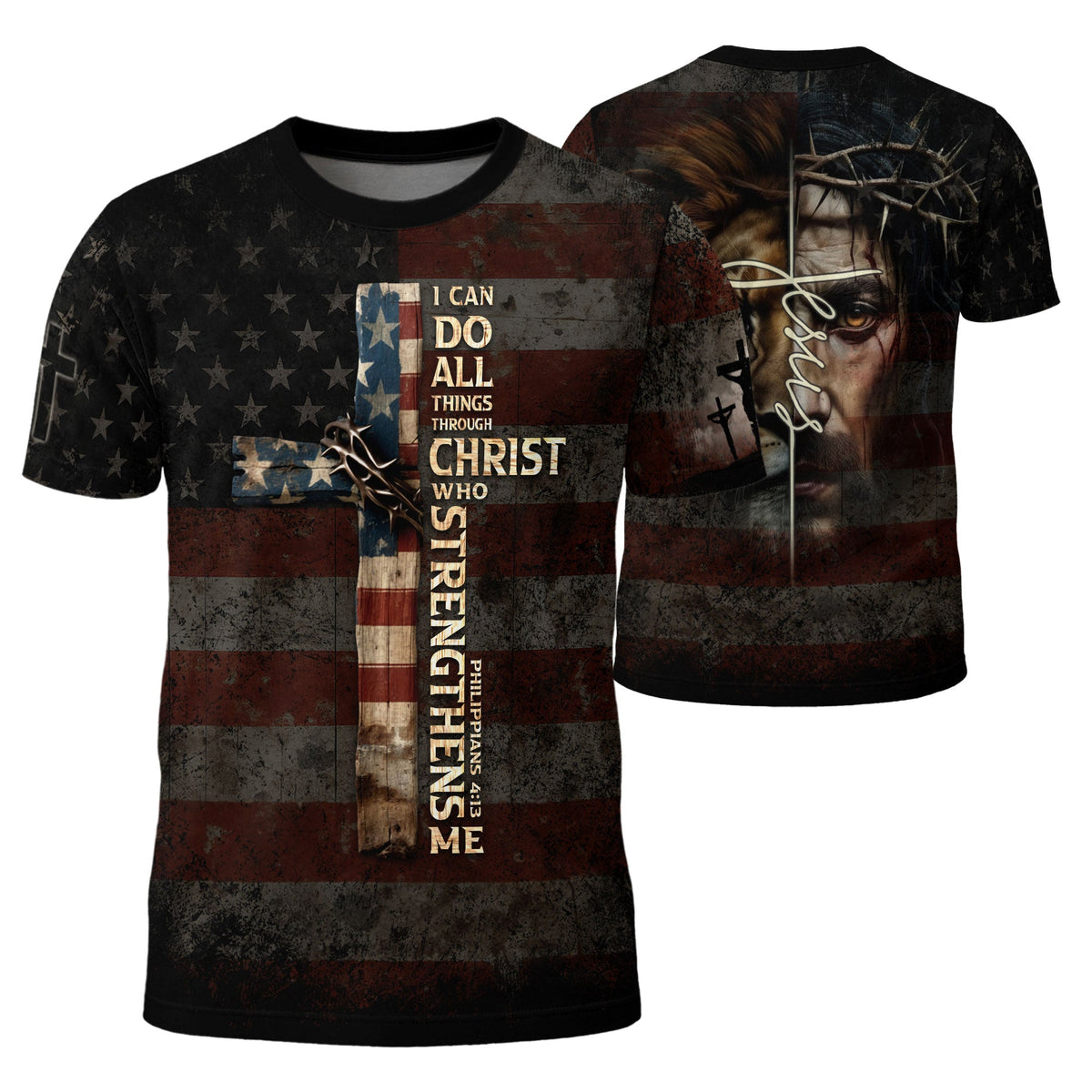 I Can Do All Things Through Christ Cross American Flag Jesus Lion T-Shirt