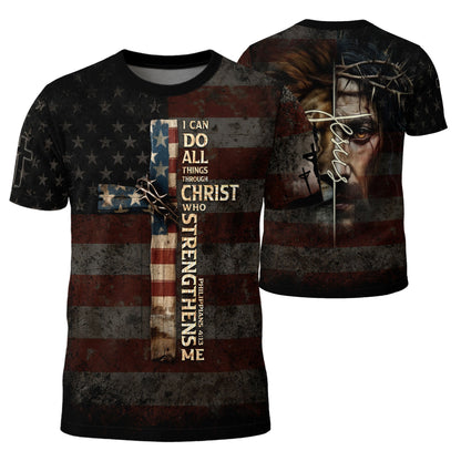 I Can Do All Things Through Christ Cross American Flag Jesus Lion T-Shirt