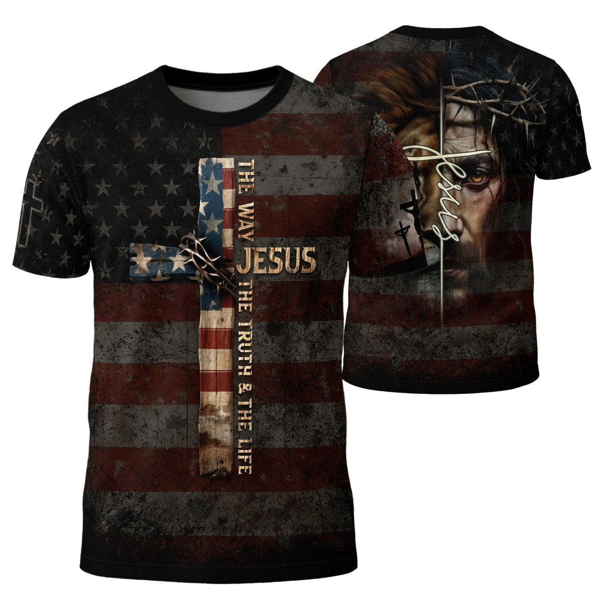 Jesus The Way The Truth The Life Cross American Flag Lion Christian T-Shirt