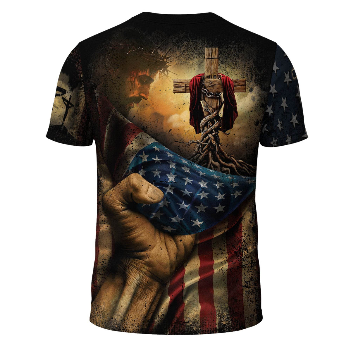 Rooted in Christ | Full Colossians 2:7 Cross & American Flag Tee