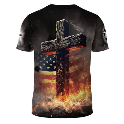 One Nation Under God Fiery Lion Cross Christian T-Shirt