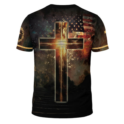 One Nation Under God Lion Cross American Flag T-Shirt