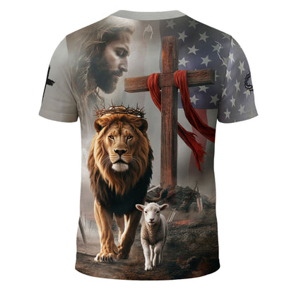 Faith Over Fear American Flag Lion & Cross Christian T-Shirt
