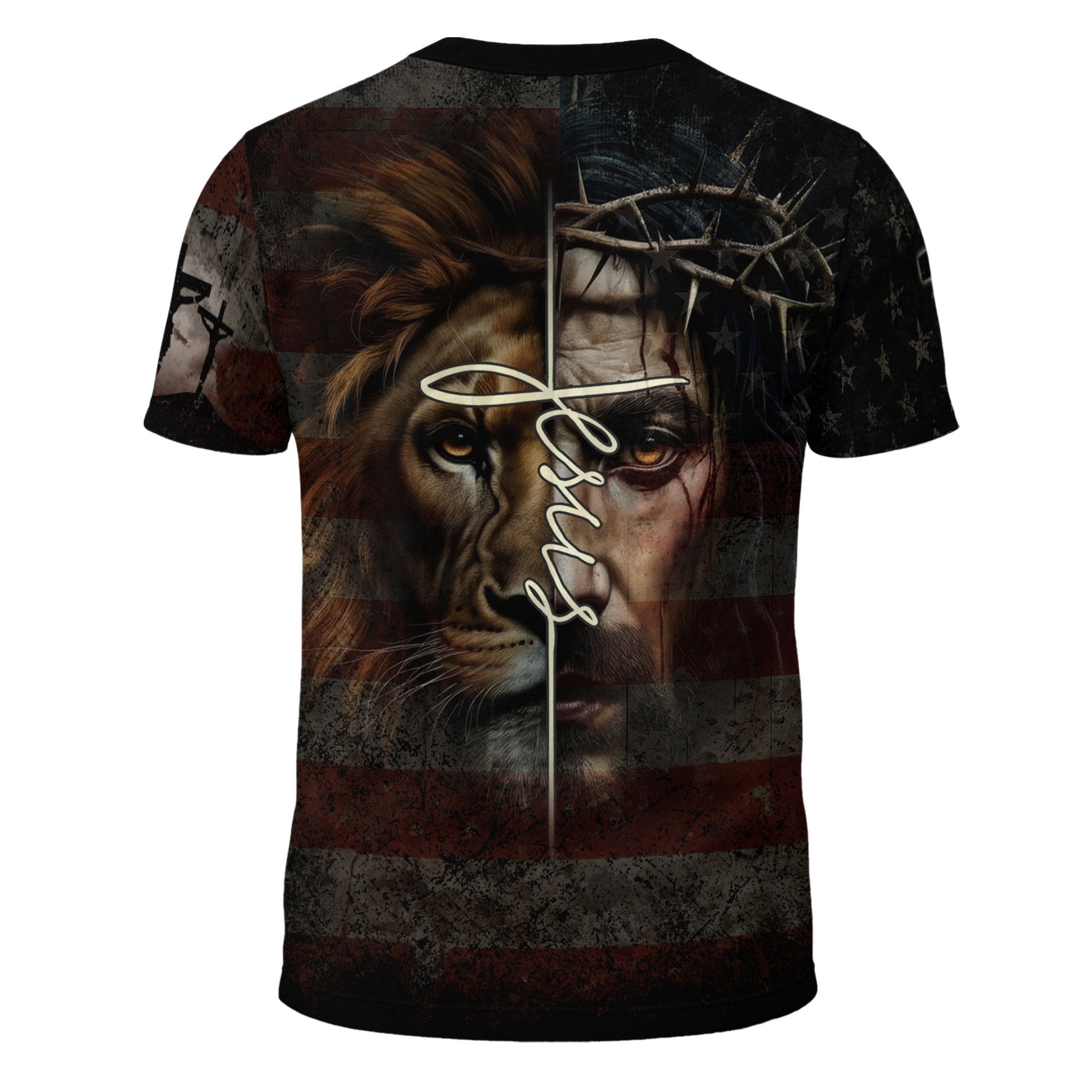 Faith Over Fear Cross American Flag Lion of Judah Jesus Christian T-Shirt