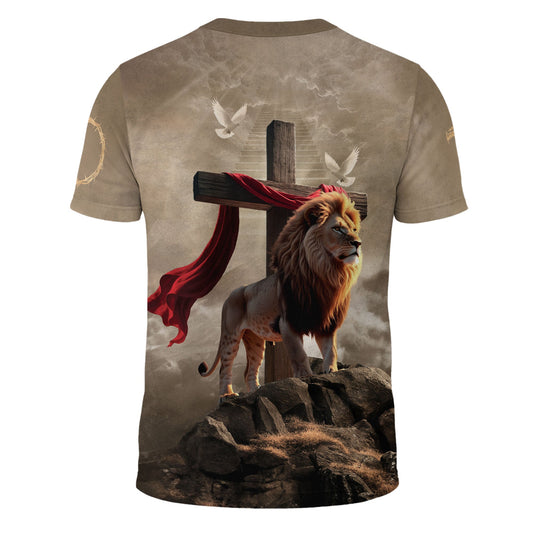 Faith Over Fear Christian T-Shirt Lion Cross Desert Light Design