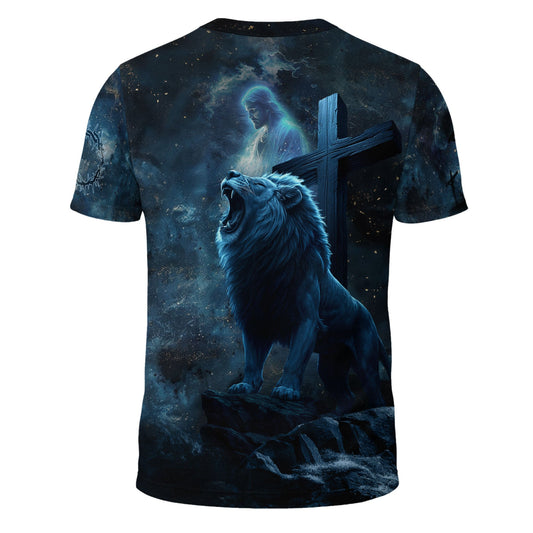 Faith Over Fear Christian T-Shirt Lion Cross Warrior Blue Night Design