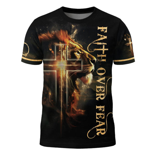 Faith Over Fear Lion and Cross Double-Sided Christian T-Shirt