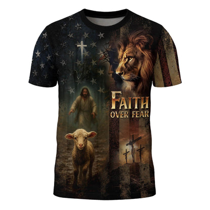 Faith Over Fear Lion & Lamb Christian Cross T-Shirt