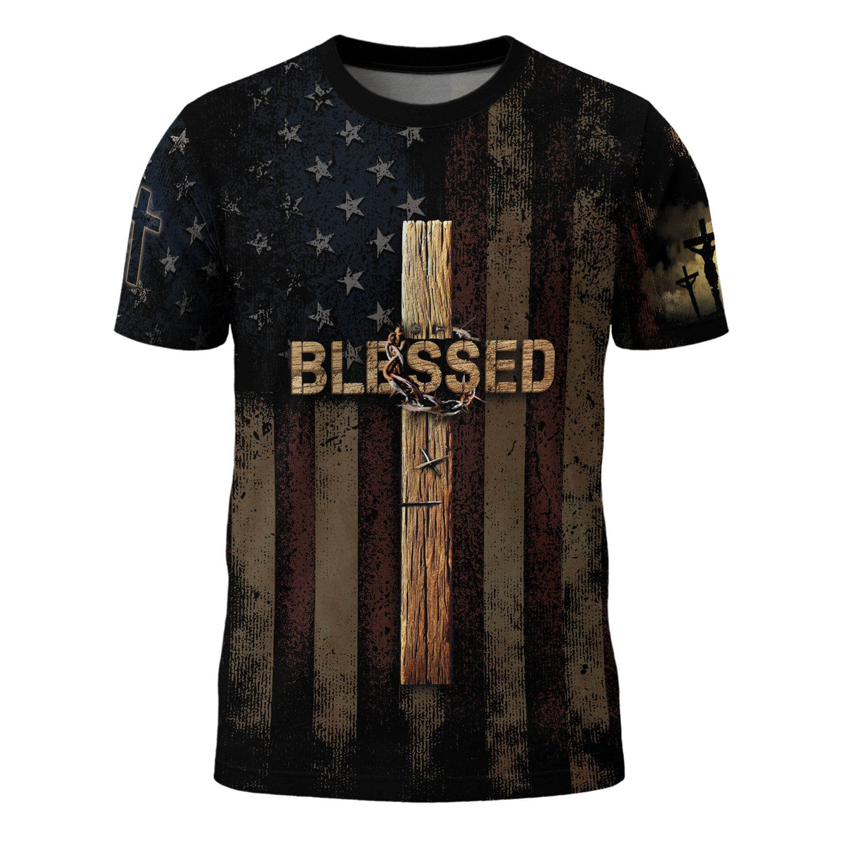 BLESSED | Cross & Crown of Thorns Patriotic Tee