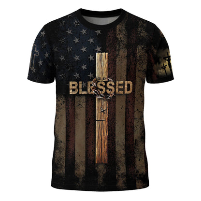 BLESSED | Cross & Crown of Thorns Patriotic Tee