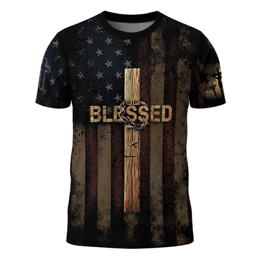 BLESSED | Cross & Crown of Thorns Patriotic Tee