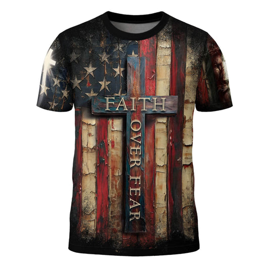 Faith Over Fear Cross Shirt – Rustic American Flag Christian Tee
