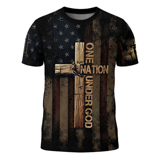 One Nation Under God | Rugged Cross & Crucified Savior Patriotic Tee