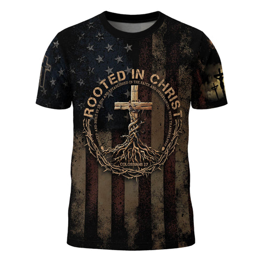 Rooted in Christ | Colossians 2:7 & Crown of Thorns Patriotic Tee
