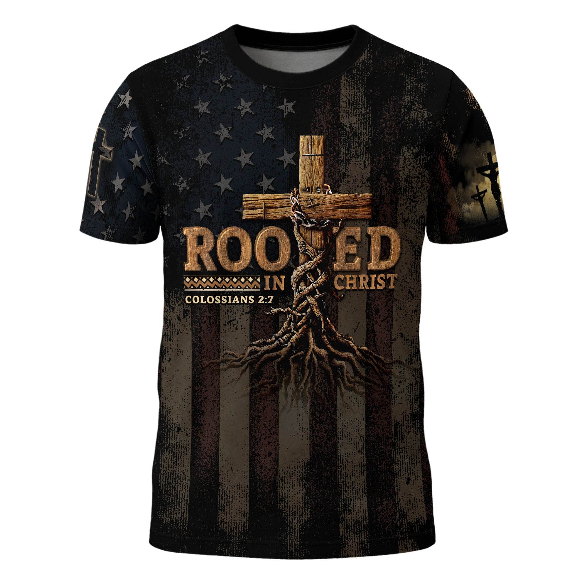 Rooted in Christ | Colossians 2:7 Cross & Vine Christian Patriot Tee