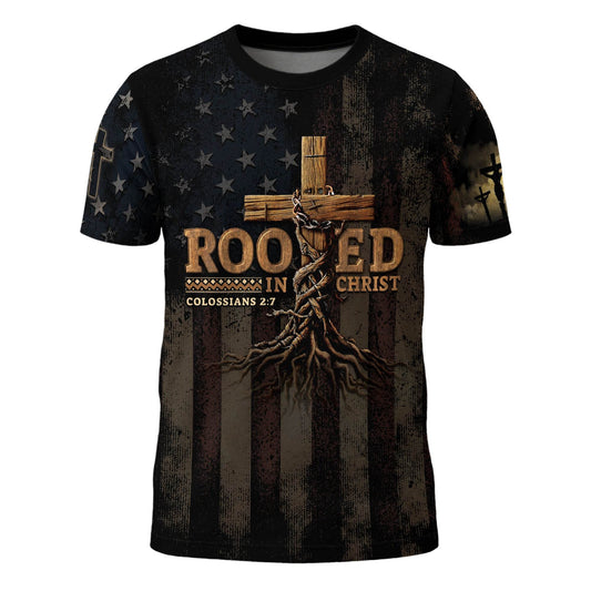 Rooted in Christ | Colossians 2:7 Cross & Vine Christian Patriot Tee