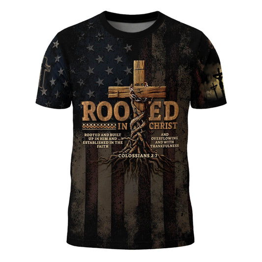 Rooted in Christ | Full Colossians 2:7 Cross & American Flag Tee