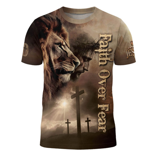 Faith Over Fear | Jesus, Lion & Cross Inspirational T-Shirt