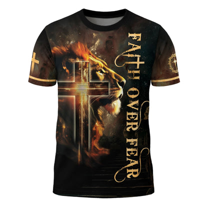 Faith Over Fear with Fiery Lion & Glowing Cross – Christian T-Shirt