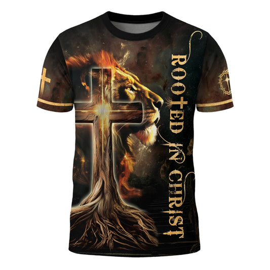 Rooted In The Light Of Christ Lion And Glowing Cross T-Shirt