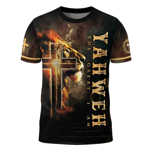 Yahweh The Great I Am Lion and Fiery Cross T-Shirt