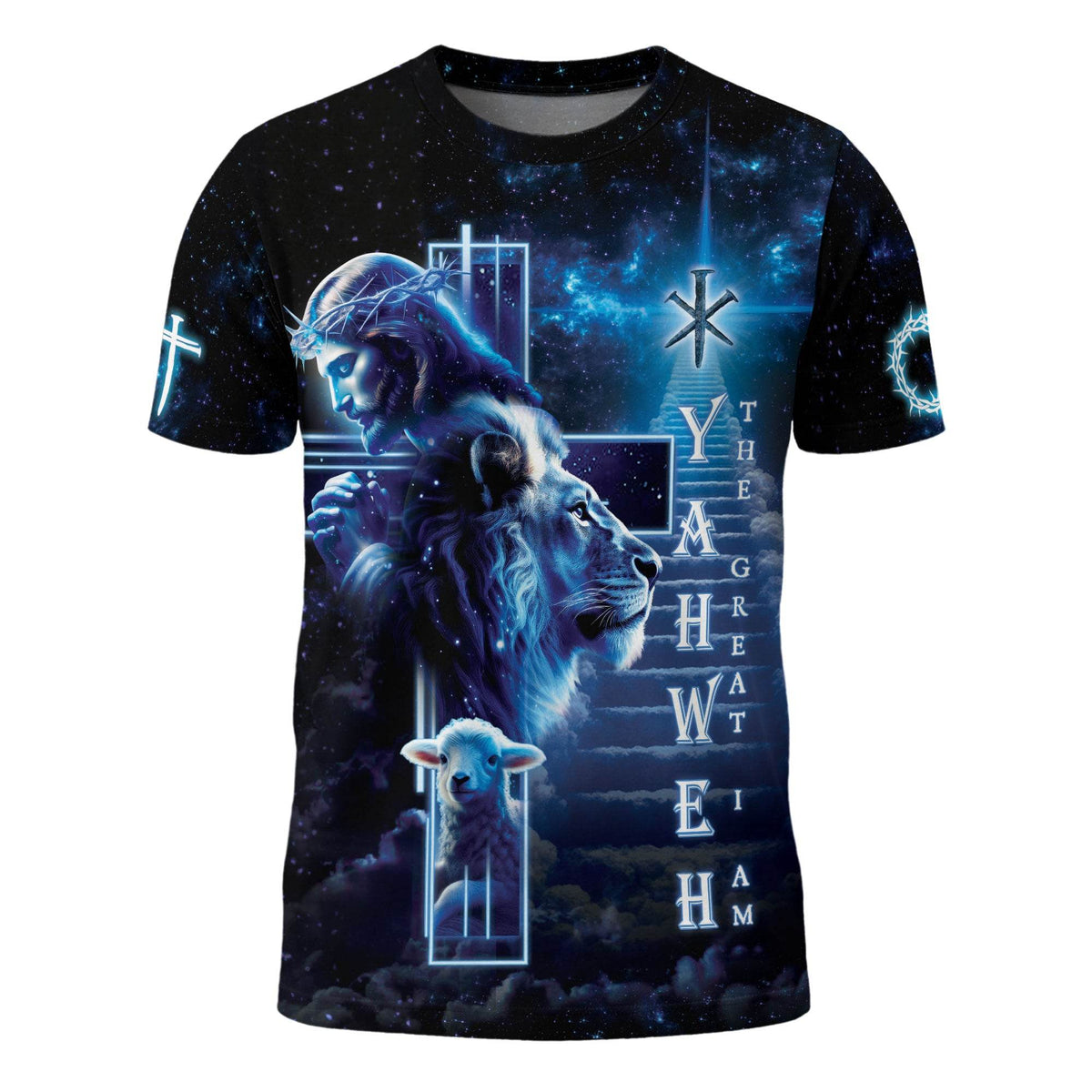 Yahweh The Great I Am in Heavenly Blue with Lion & Lamb T-Shirt