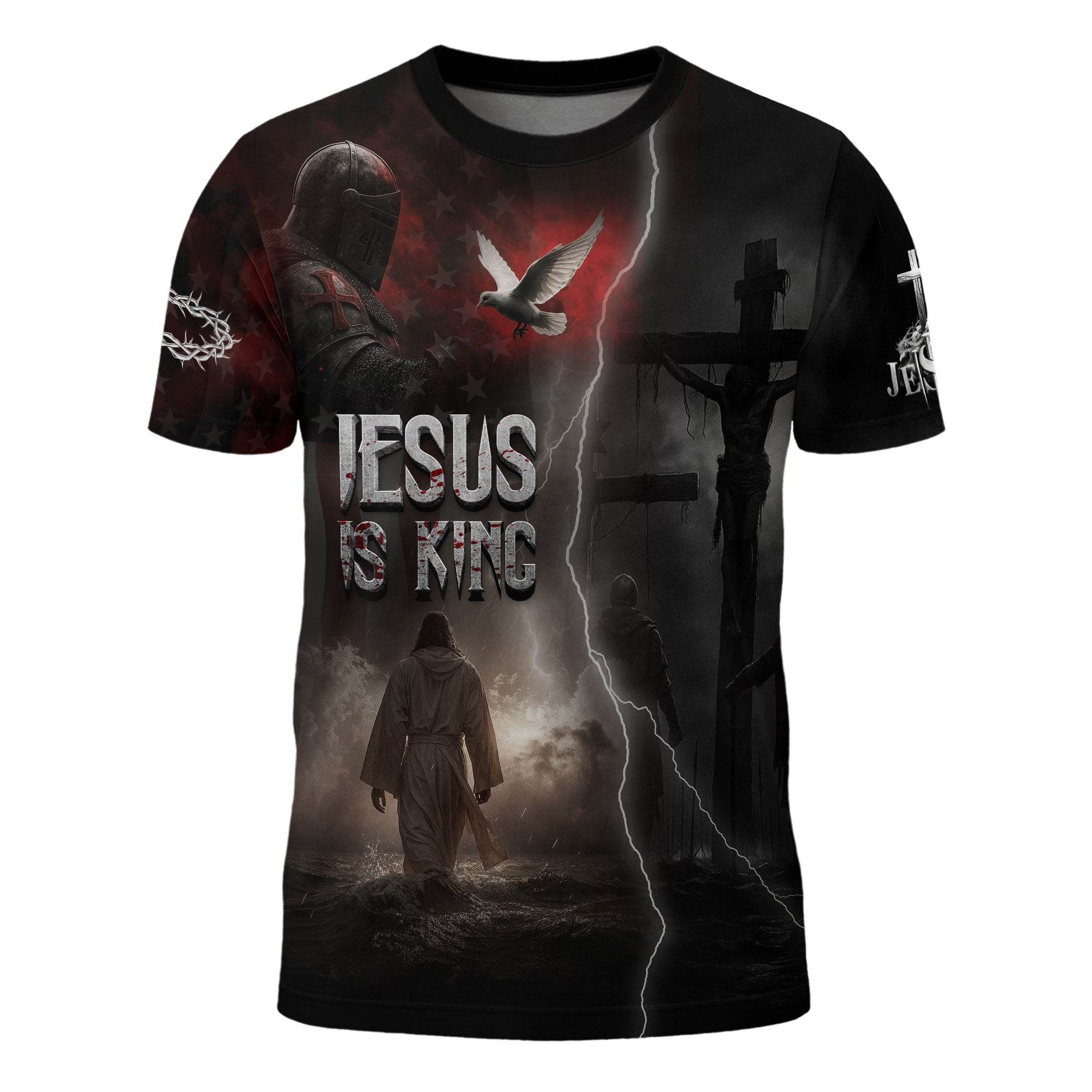 Jesus Is King Lion and Cross Blue Night Design T-Shirt