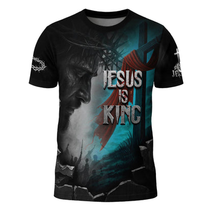 Jesus Is King Lion & Cross Storm Design T-Shirt