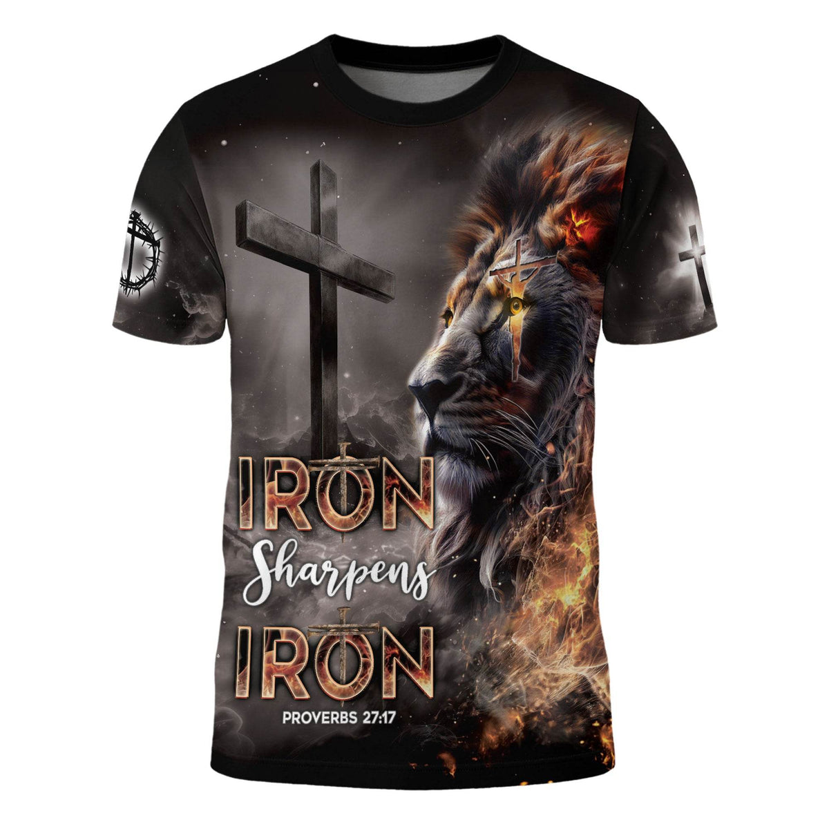 Iron Sharpens Iron Fiery Lion Cross Christian T-Shirt