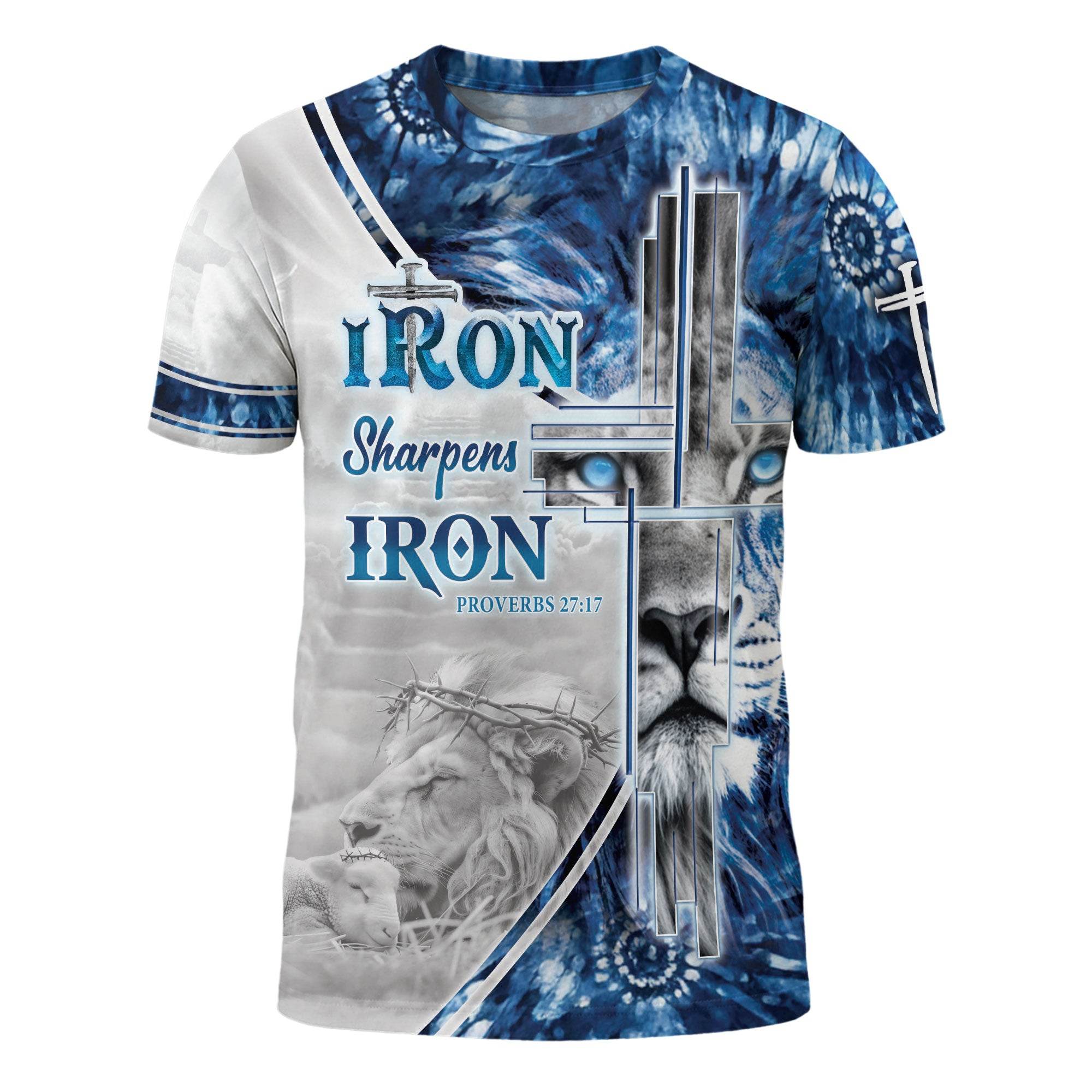 Iron Sharpens Iron Blue Lion Cross Christian T-Shirt