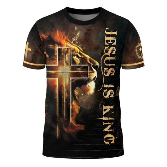Jesus Is King Glowing Cross Of Light And Lion T-Shirt
