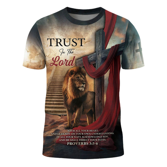 Trust In The Lord Majestic Lion And Red Sash Cross T-Shirt
